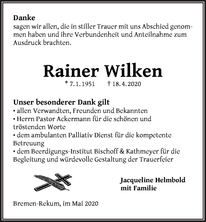 Traueranzeige von Rainer Wilken von Die Norddeutsche