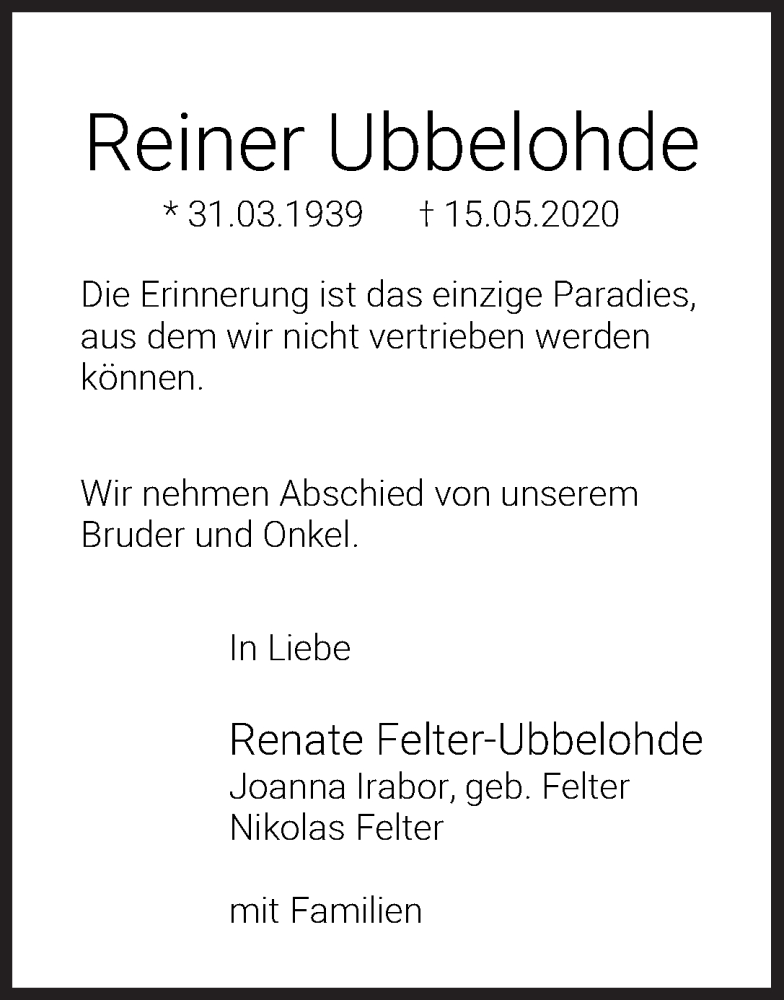 Traueranzeige von Reiner Ubbelohde von Wuemme Zeitung