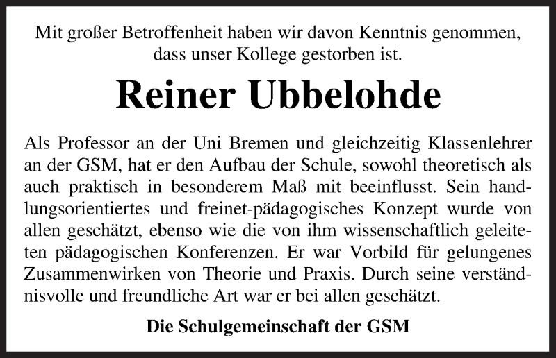 Traueranzeige von Reiner Ubbelohde von WESER-KURIER