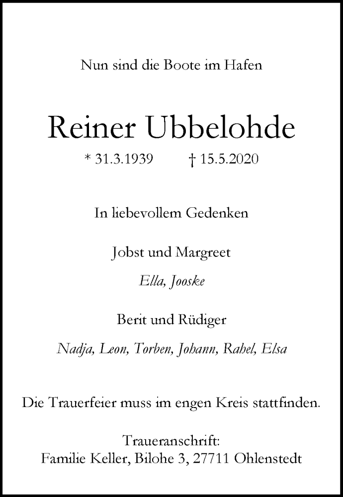Traueranzeige von Reiner Ubbelohde von Wuemme Zeitung