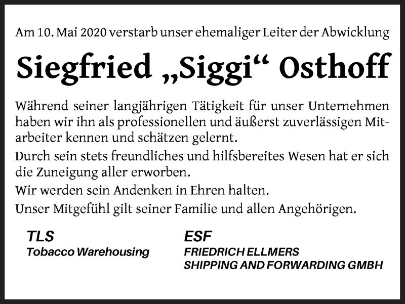 Traueranzeige von Siegfried Osthoff von WESER-KURIER