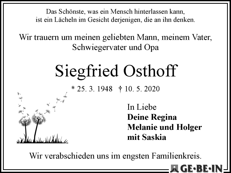 Traueranzeige von Siegfried Osthoff von WESER-KURIER