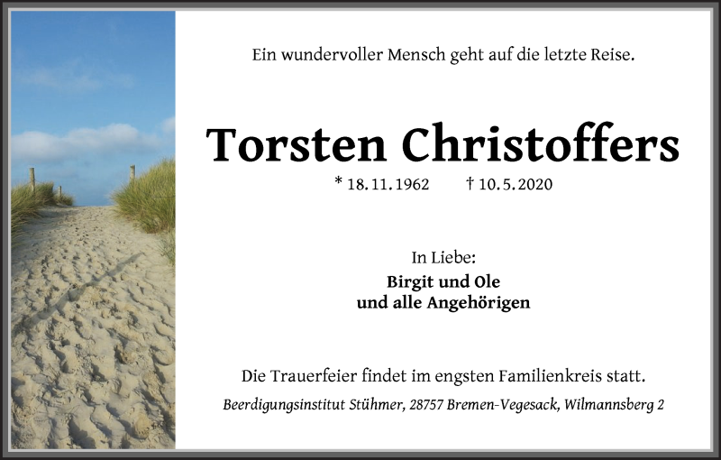 Traueranzeige von Torsten Christoffers von Die Norddeutsche