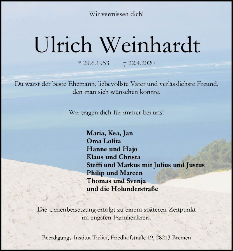 Traueranzeige von Ulrich Weinhardt von WESER-KURIER