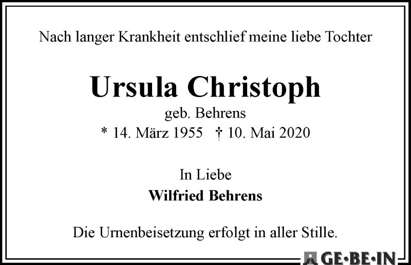 Traueranzeige von Ursula Christoph von WESER-KURIER