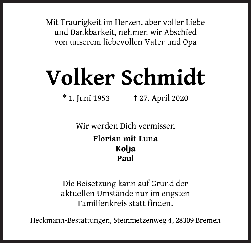 Traueranzeige von Volker Schmidt von WESER-KURIER