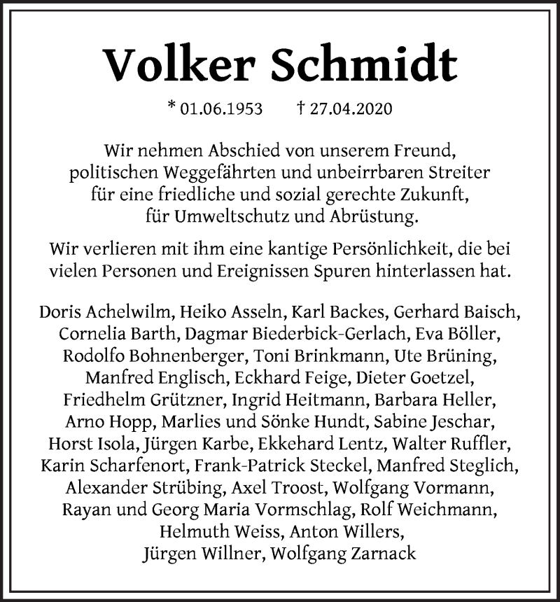 Traueranzeige von Volker Schmidt von WESER-KURIER