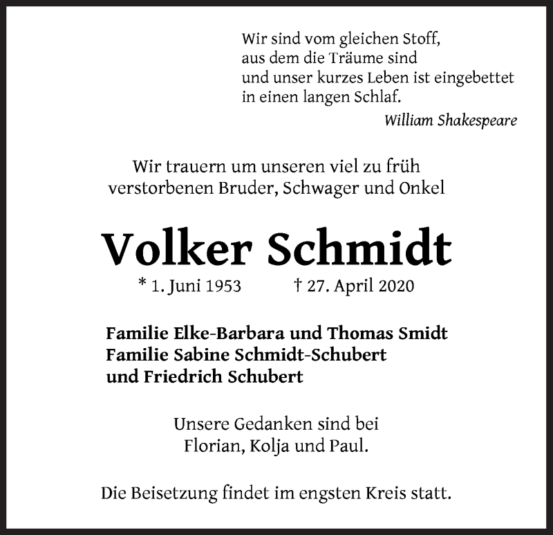 Traueranzeige von Volker Schmidt von WESER-KURIER