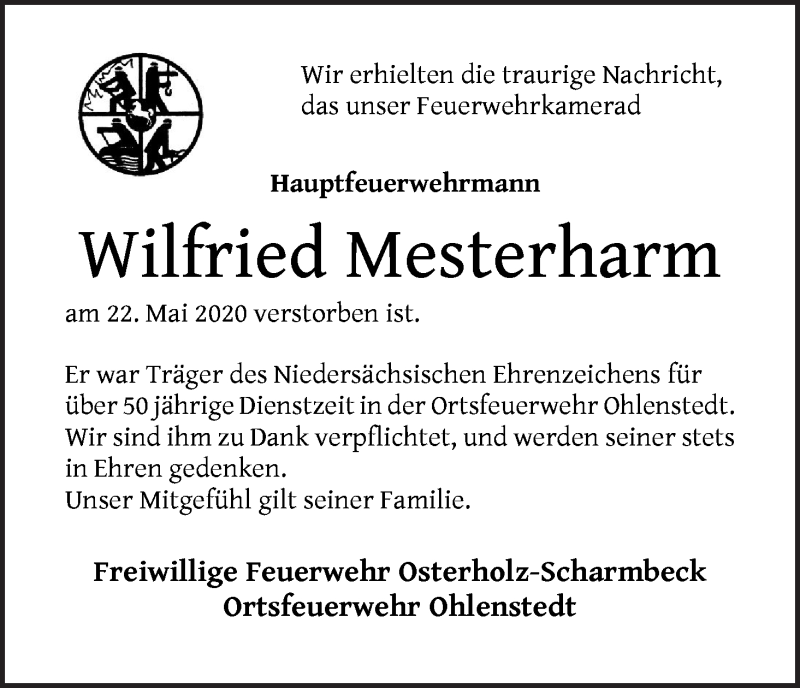 Traueranzeige von Wilfried Mesterharm von Osterholzer Kreisblatt