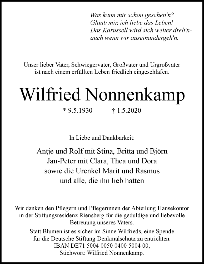 Traueranzeige von Wilfried Nonnenkamp von WESER-KURIER