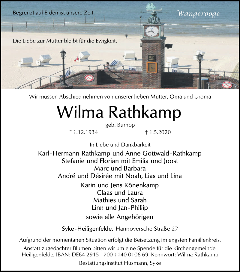 Traueranzeige von Wilma Rathkamp von Regionale Rundschau/Syker Kurier