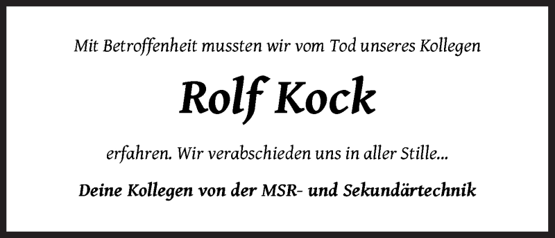 Traueranzeige von Rolf Kock von WESER-KURIER