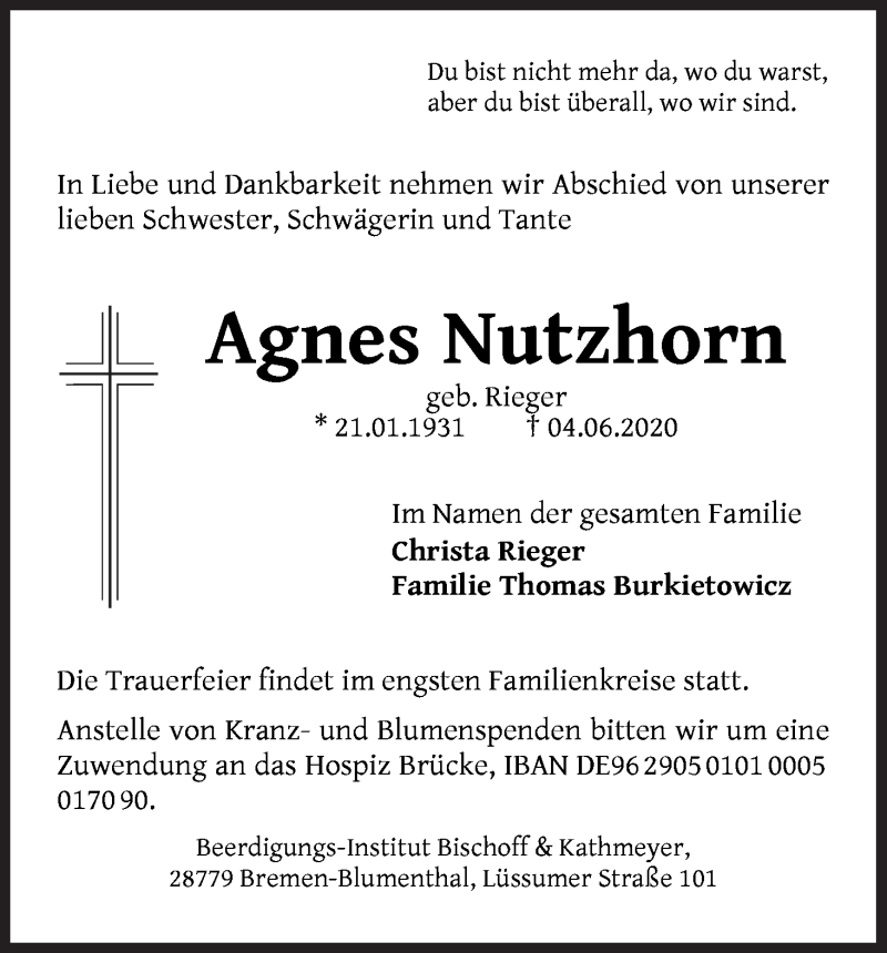 Traueranzeige von Agnes Nutzhorn von Die Norddeutsche