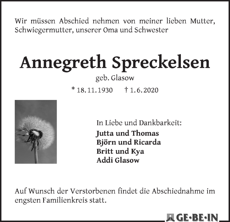 Traueranzeige von Annegreth Spreckelsen von WESER-KURIER