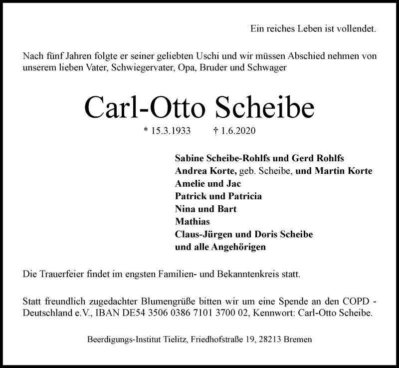 Traueranzeige von Carl-Otto Scheibe von WESER-KURIER