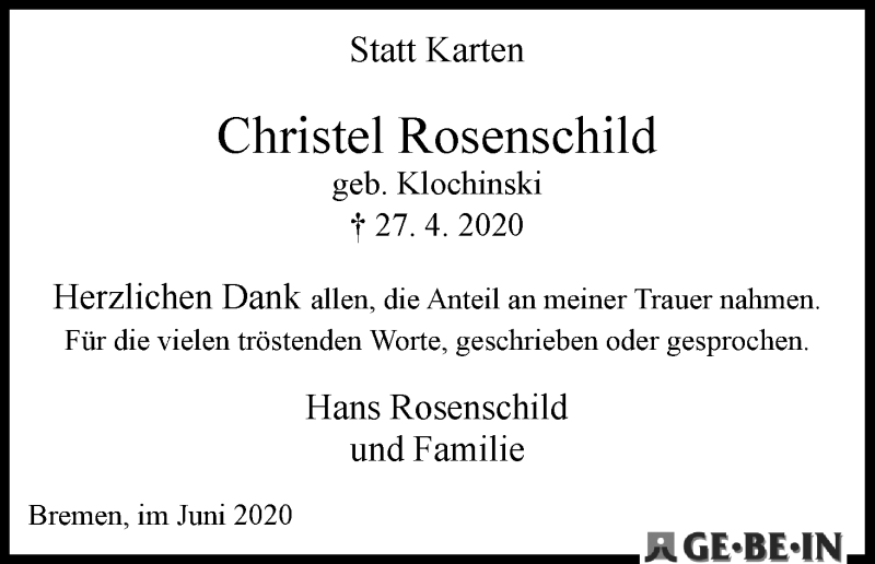 Traueranzeige von Christel Rosenschild von WESER-KURIER