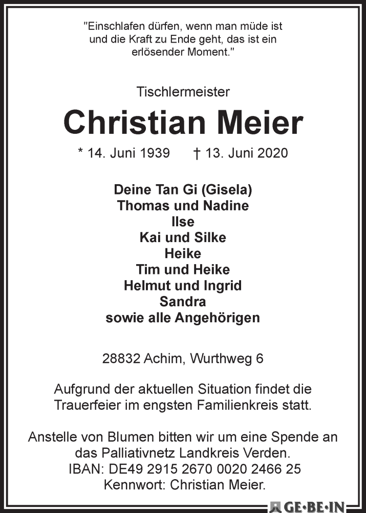 Traueranzeige von Christian Meier von WESER-KURIER
