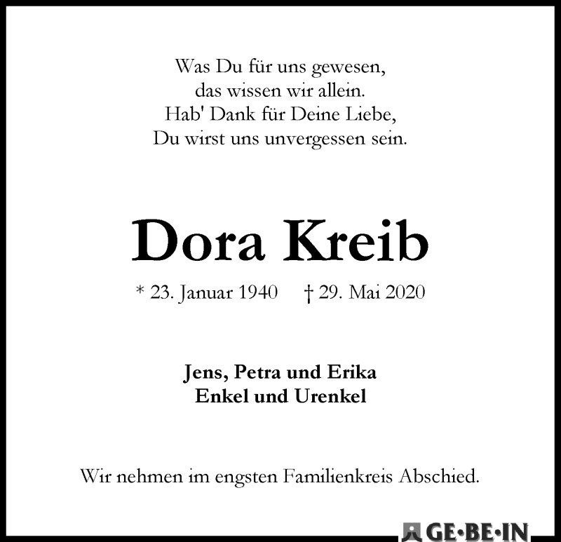Traueranzeige von Dora Kreib von WESER-KURIER