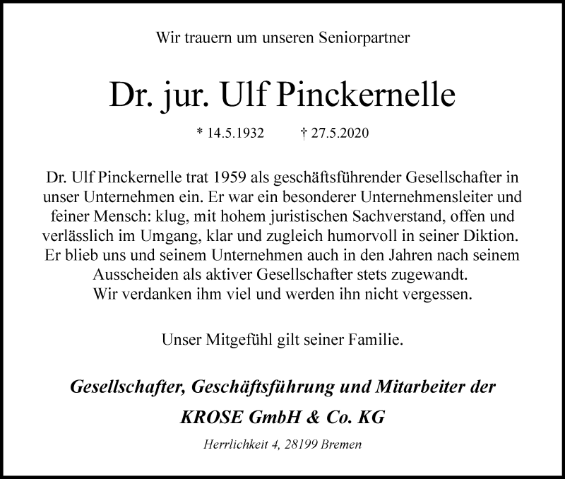 Traueranzeige von Dr. jur. Ulf D. E. H. Pinckernelle von WESER-KURIER