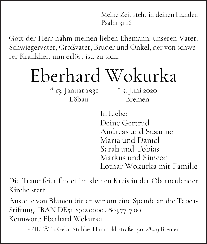 Traueranzeige von Eberhard Wokurka von WESER-KURIER