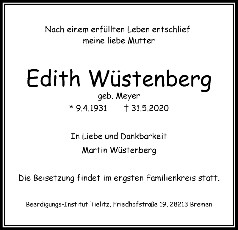 Traueranzeige von Edith Wüstenberg von WESER-KURIER