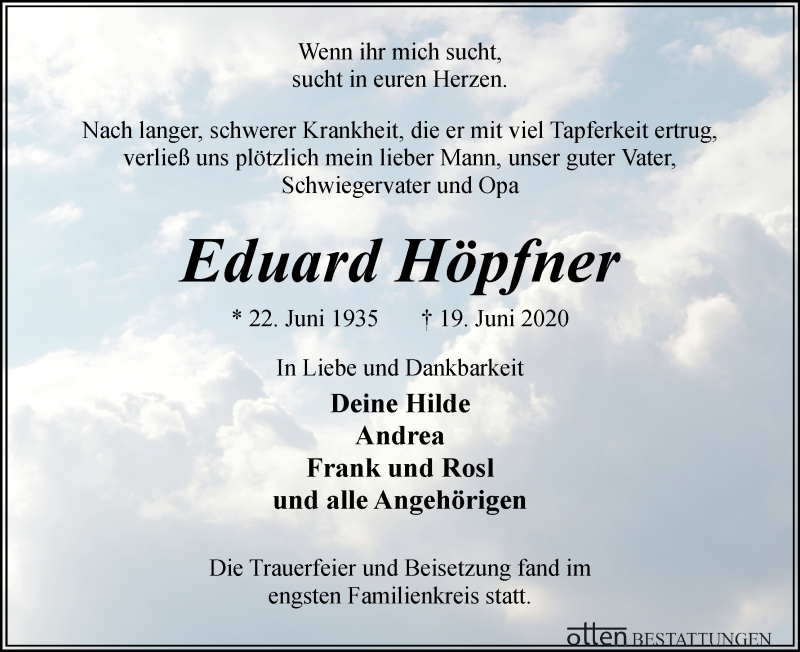Traueranzeige von Eduard Höpfner von Osterholzer Kreisblatt