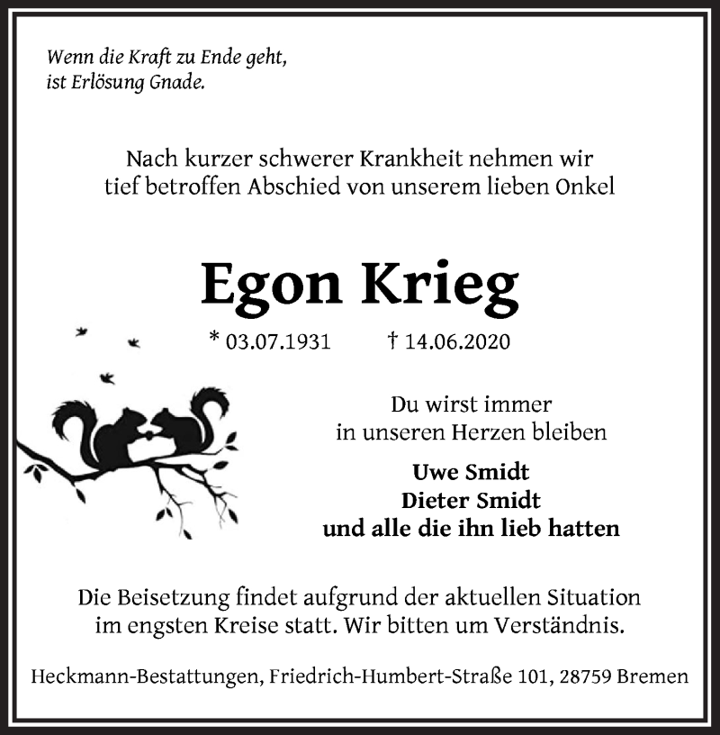 Traueranzeige von Egon Krieg von Die Norddeutsche