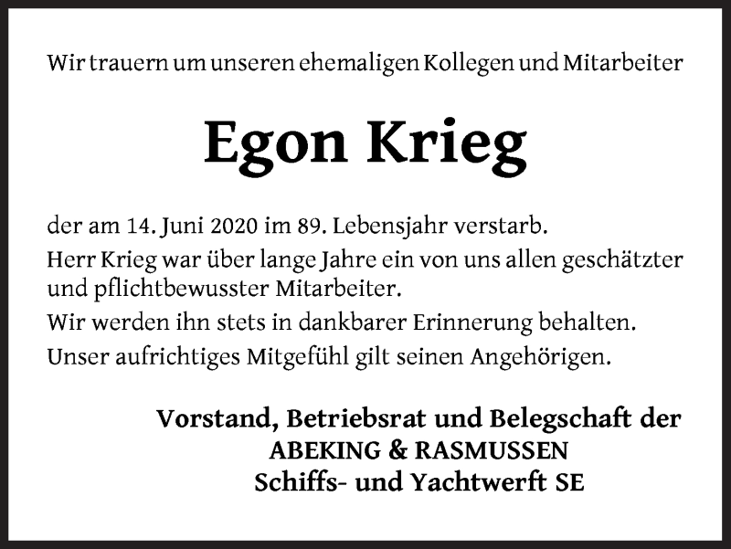 Traueranzeige von Egon Krieg von Die Norddeutsche