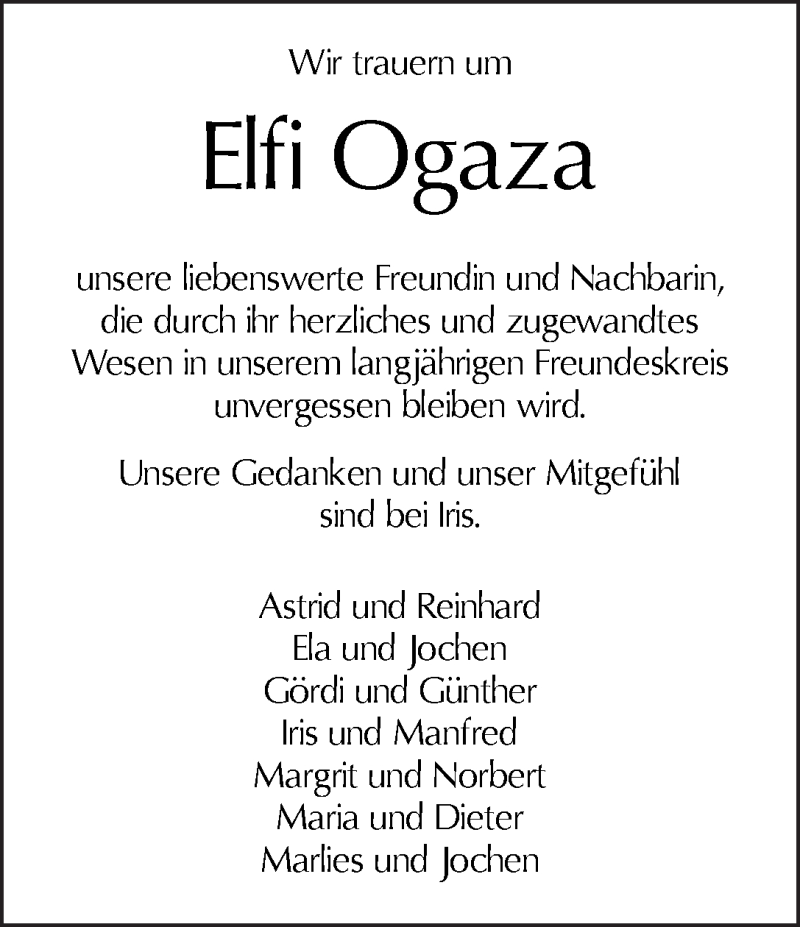 Traueranzeige von Elfi Ogaza von WESER-KURIER