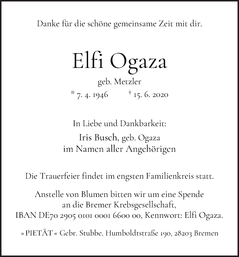 Traueranzeige von Elfi Ogaza von WESER-KURIER