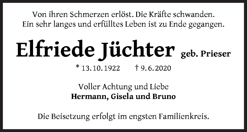 Traueranzeige von Elfriede Jüchter von WESER-KURIER