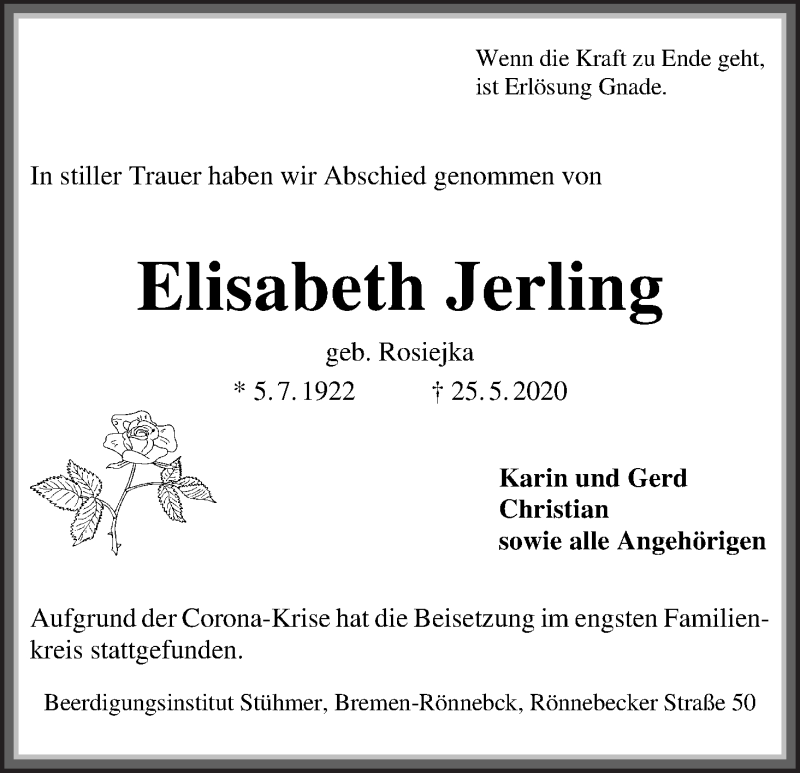 Traueranzeige von Elisabeth Jerling von Die Norddeutsche