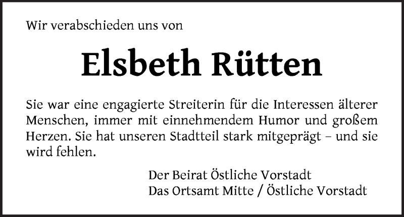 Traueranzeige von Elsbeth Rütten von WESER-KURIER