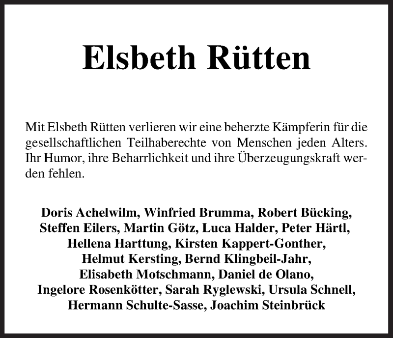 Traueranzeige von Elsbeth Rütten von WESER-KURIER