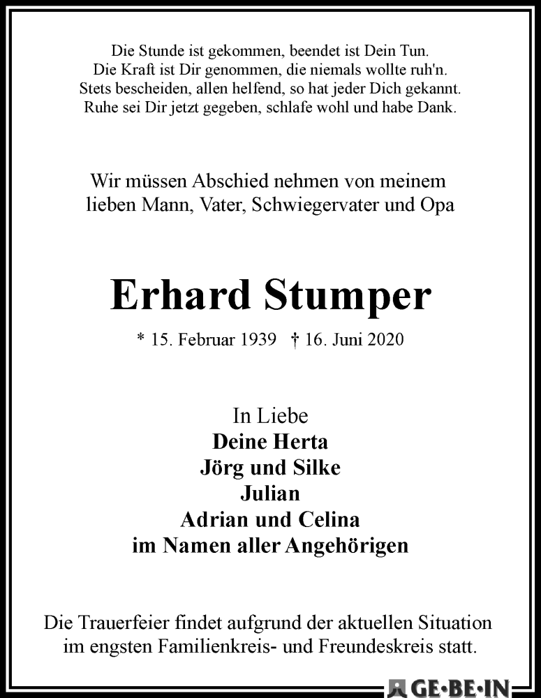 Traueranzeige von Erhard Stumper von WESER-KURIER