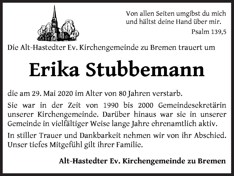 Traueranzeige von Erika Stubbemann von WESER-KURIER