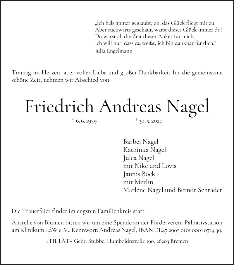 Traueranzeige von Friedrich Andreas Nagel von WESER-KURIER