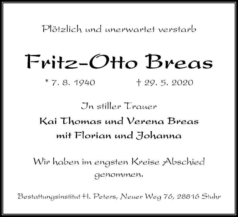 Traueranzeige von Fritz Otto Breas von WESER-KURIER
