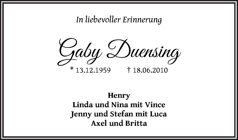 Traueranzeige von Gaby Duensing von Osterholzer Kreisblatt