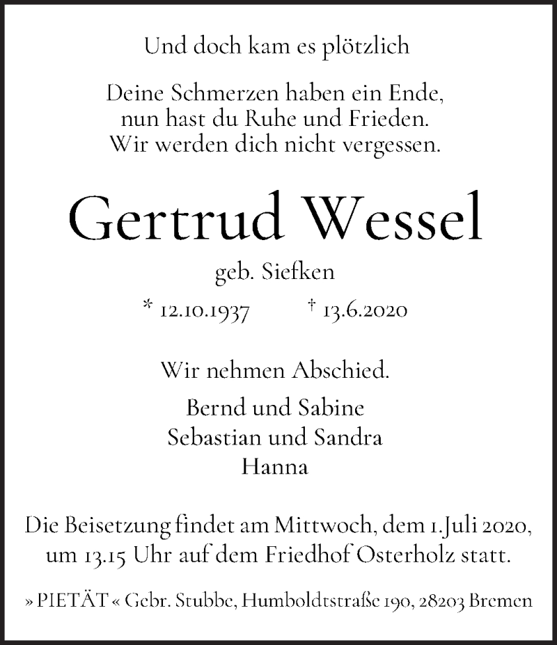 Traueranzeige von Gertrud Wessel von WESER-KURIER