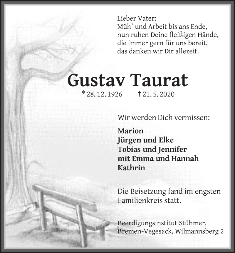 Traueranzeige von Gustav Taurat von Die Norddeutsche