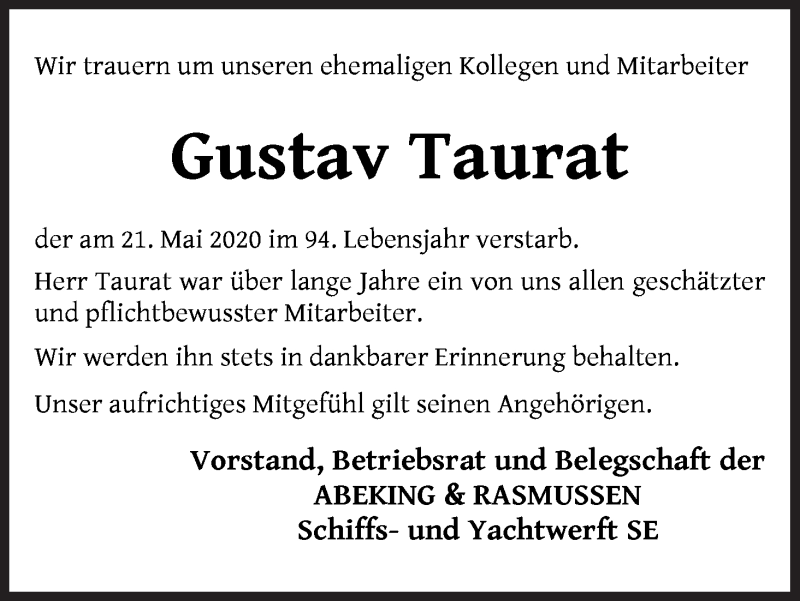 Traueranzeige von Gustav Taurat von Die Norddeutsche