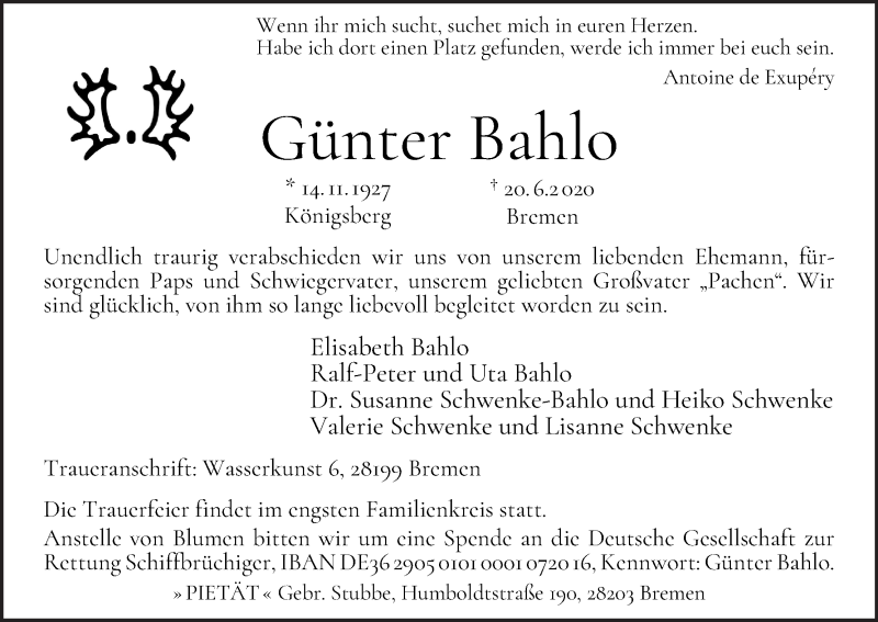 Traueranzeige von Günter Bahlo von WESER-KURIER