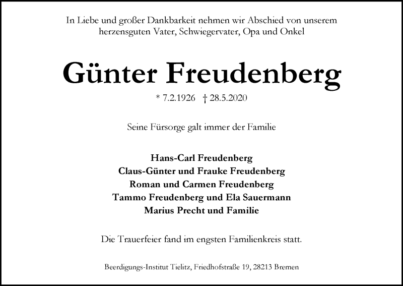 Traueranzeige von Günter Freudenberg von WESER-KURIER
