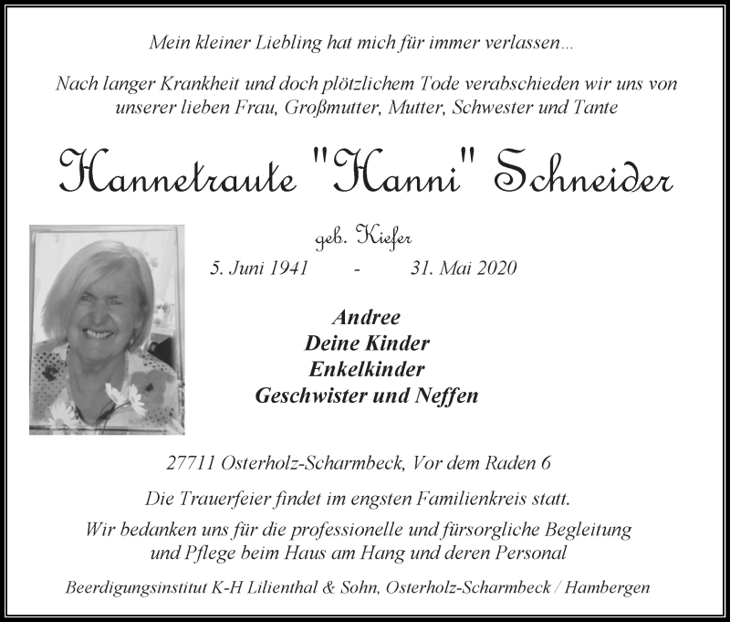 Traueranzeige von Hannetraute Schneider von Osterholzer Kreisblatt
