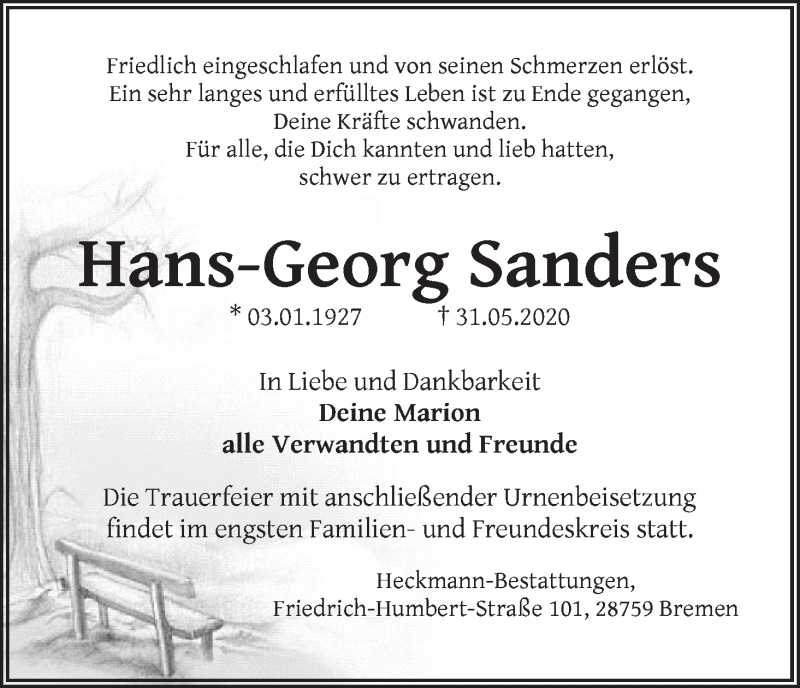Traueranzeige von Hans-Georg Sandres von Die Norddeutsche