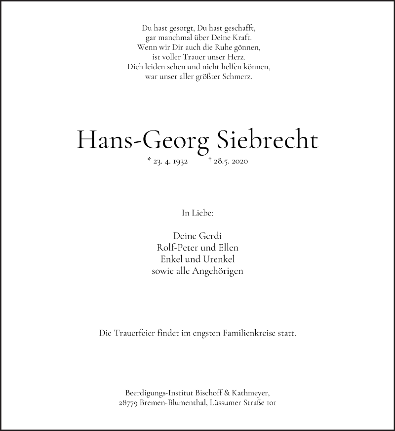 Traueranzeige von Hans-Georg Siebrecht von WESER-KURIER