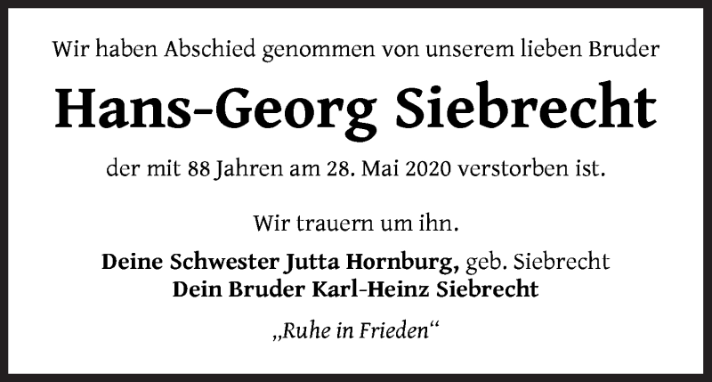 Traueranzeige von Hans-Georg Siebrecht von WESER-KURIER