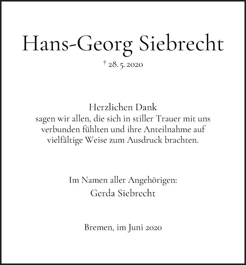Traueranzeige von Hans-Georg Siebrecht von WESER-KURIER