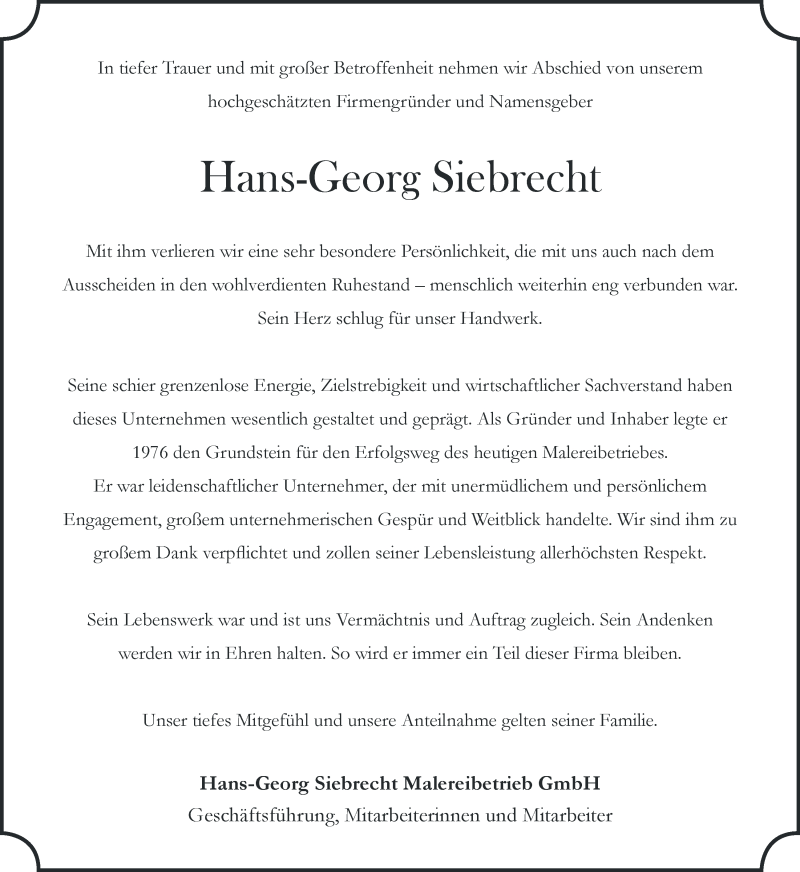 Traueranzeige von Hans-Georg Siebrecht von WESER-KURIER
